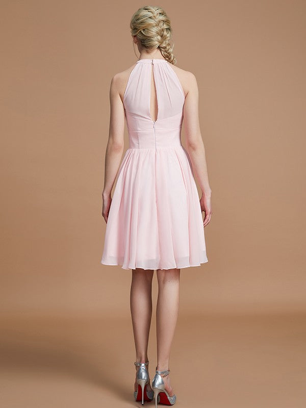 Vestido de dama de honor de corte A/princesa de gasa hasta la rodilla, sin mangas, escote redondo, para regreso a casa