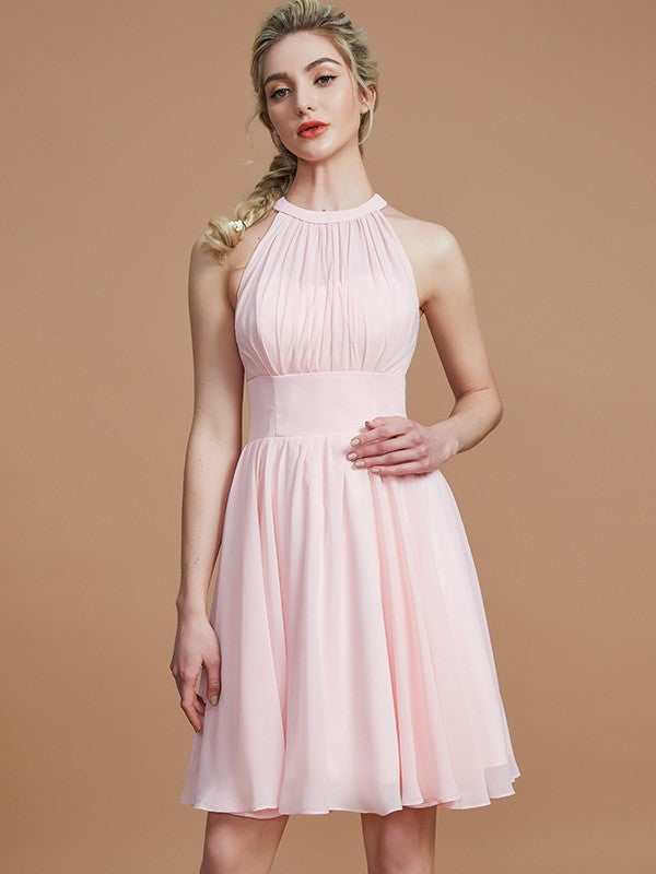 Vestido de dama de honor de corte A/princesa de gasa hasta la rodilla, sin mangas, escote redondo, para regreso a casa