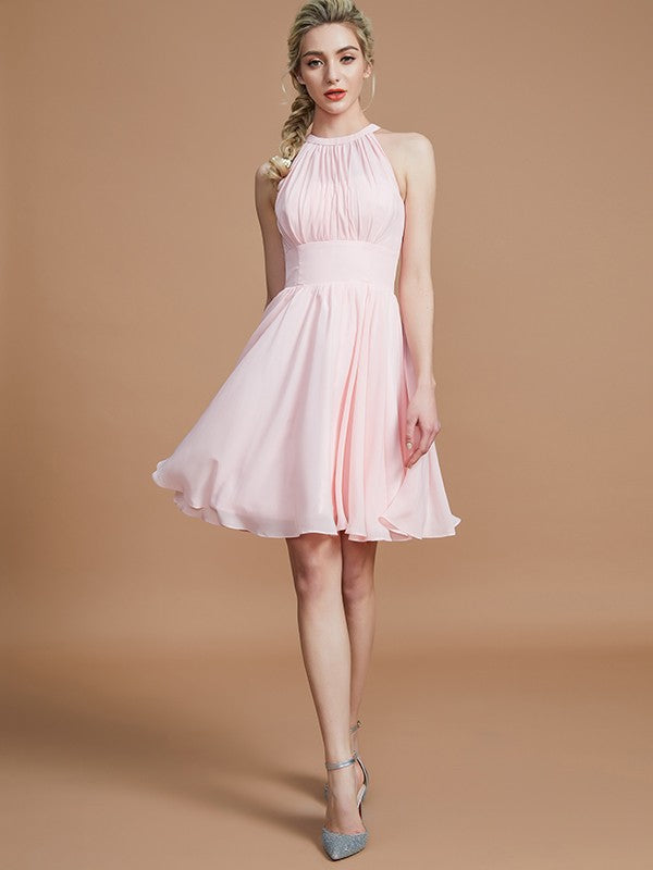 Vestido de dama de honor de corte A/princesa de gasa hasta la rodilla, sin mangas, escote redondo, para regreso a casa