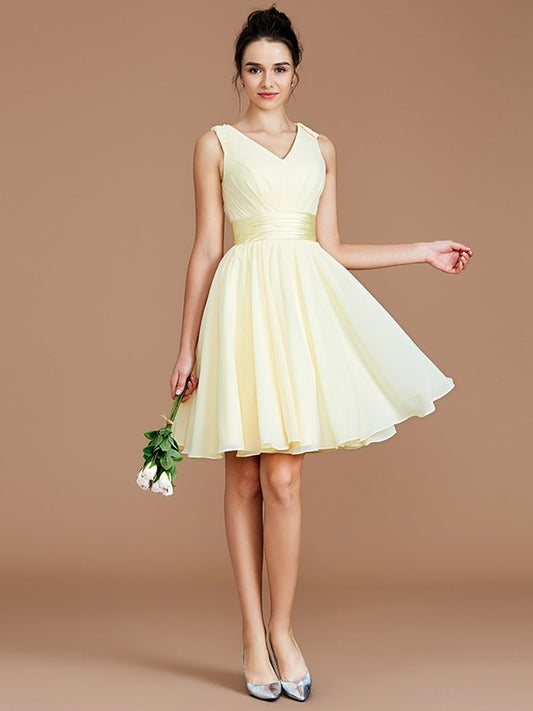 Vestido de dama de honor de gasa, corte A/princesa, escote en V, sin mangas, con faja/cinturón, corto/mini, para invitada de boda