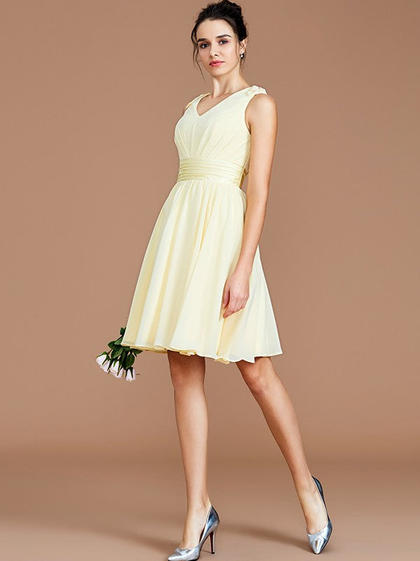 A-Line/Princess V-neck Sleeveless Sash/Ribbon/Belt Short/Mini Chiffon Bridesmaid Dresses Wedding Guest Dress