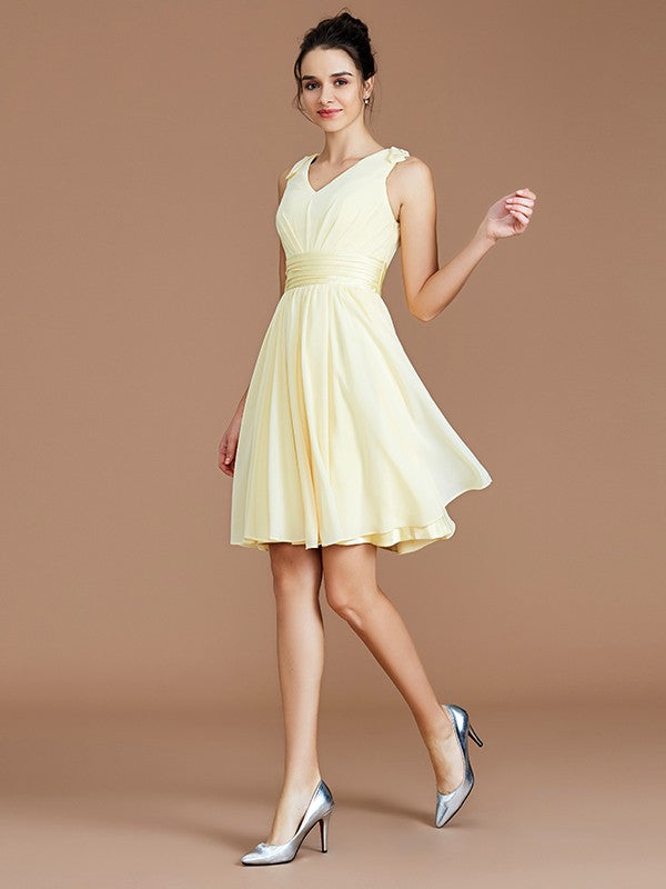 A-Line/Princess V-neck Sleeveless Sash/Ribbon/Belt Short/Mini Chiffon Bridesmaid Dresses Wedding Guest Dress
