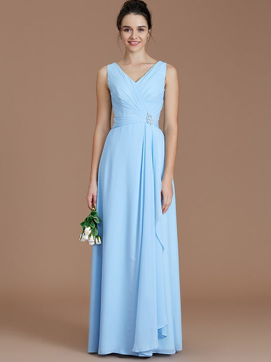 A-Line/Princess V-neck Sleeveless Ruched Floor-Length Chiffon Bridesmaid Dresses Evening Formal Dress