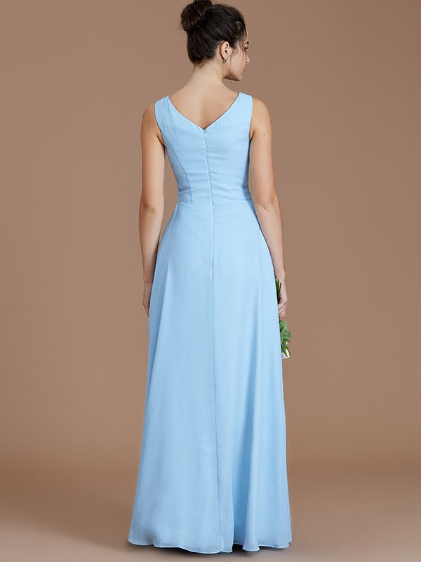 A-Line/Princess V-neck Sleeveless Ruched Floor-Length Chiffon Bridesmaid Dresses Evening Formal Dress