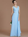 A-Line/Princess V-neck Sleeveless Ruched Floor-Length Chiffon Bridesmaid Dresses Evening Formal Dress