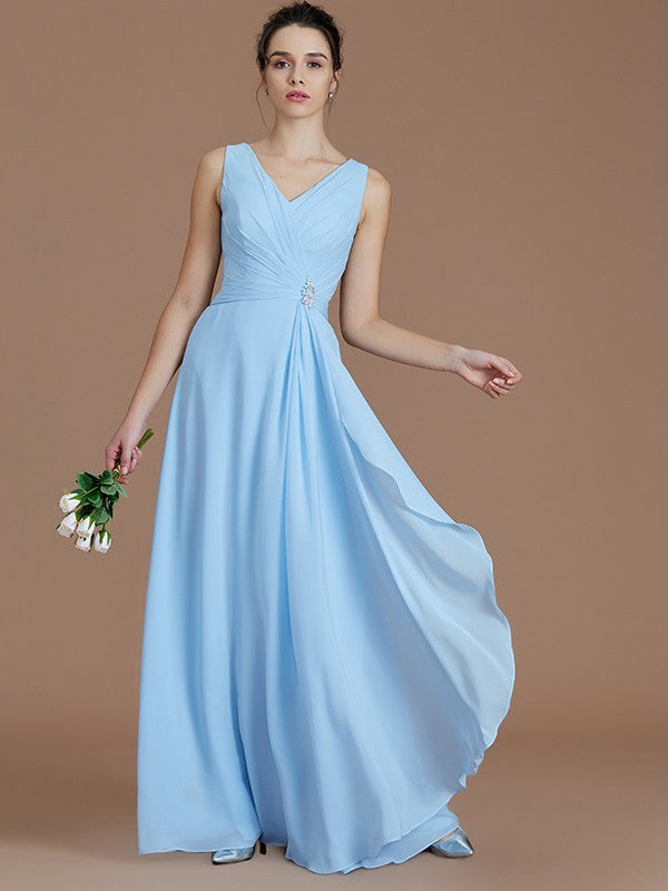 A-Line/Princess V-neck Sleeveless Ruched Floor-Length Chiffon Bridesmaid Dresses Evening Formal Dress