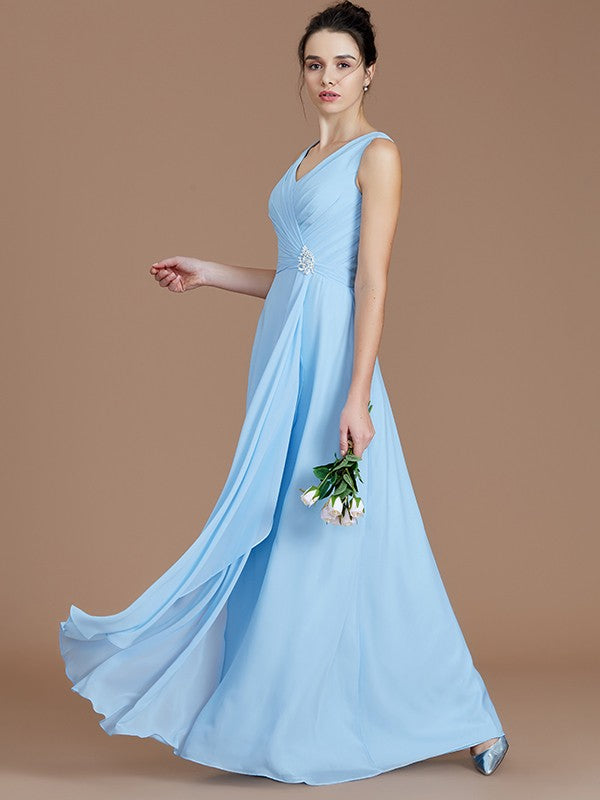 A-Line/Princess V-neck Sleeveless Ruched Floor-Length Chiffon Bridesmaid Dresses Evening Formal Dress