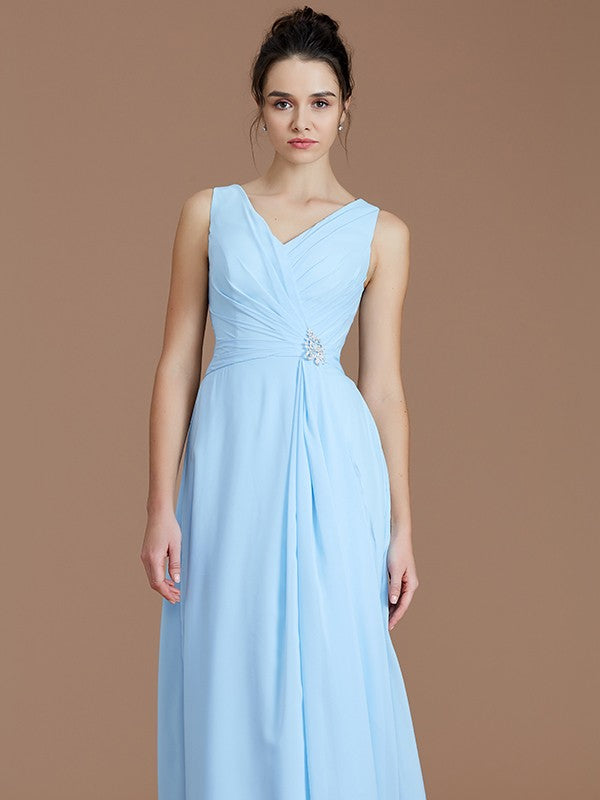 A-Line/Princess V-neck Sleeveless Ruched Floor-Length Chiffon Bridesmaid Dresses Evening Formal Dress