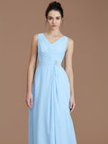A-Line/Princess V-neck Sleeveless Ruched Floor-Length Chiffon Bridesmaid Dresses Evening Formal Dress