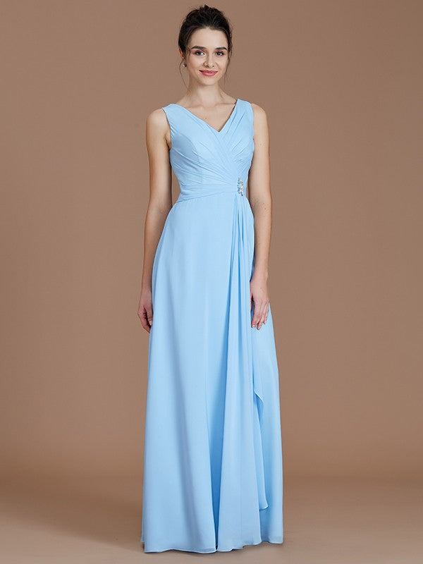 A-Line/Princess V-neck Sleeveless Ruched Floor-Length Chiffon Bridesmaid Dresses Evening Formal Dress