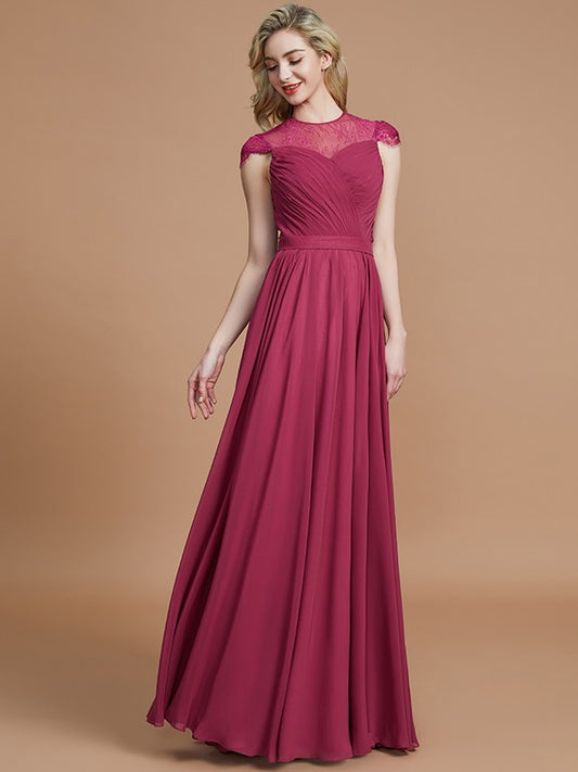 A-Line/Princess Scoop Short Sleeves Chiffon Floor-Length Bridesmaid Dresses Evening Prom Dress
