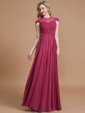 A-Line/Princess Scoop Short Sleeves Chiffon Floor-Length Bridesmaid Dresses Evening Prom Dress