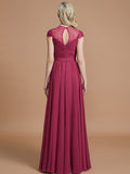 A-Line/Princess Scoop Short Sleeves Chiffon Floor-Length Bridesmaid Dresses Evening Prom Dress