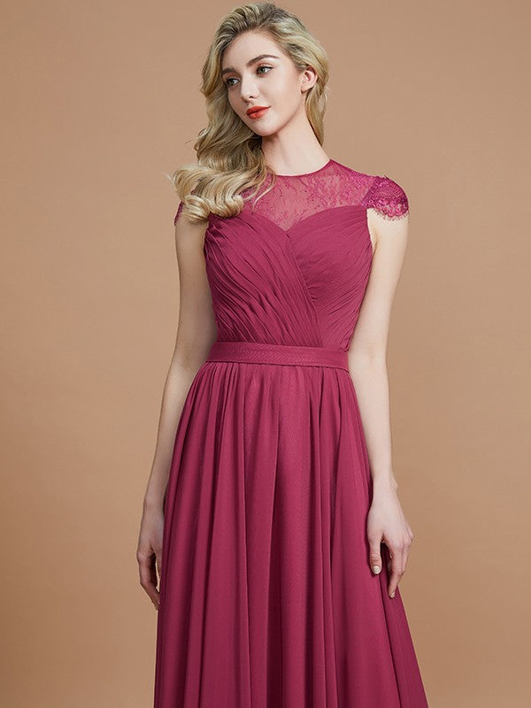 A-Line/Princess Scoop Short Sleeves Chiffon Floor-Length Bridesmaid Dresses Evening Prom Dress