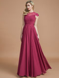 A-Line/Princess Scoop Short Sleeves Chiffon Floor-Length Bridesmaid Dresses Evening Prom Dress