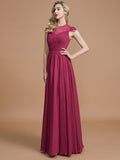 A-Line/Princess Scoop Short Sleeves Chiffon Floor-Length Bridesmaid Dresses Evening Prom Dress