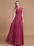 A-Line/Princess Scoop Short Sleeves Chiffon Floor-Length Bridesmaid Dresses Evening Prom Dress