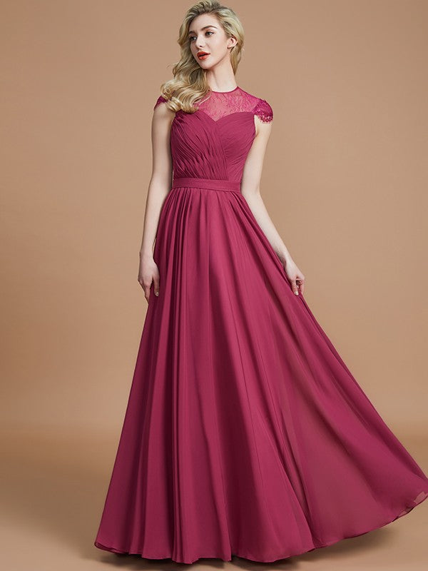 A-Line/Princess Scoop Short Sleeves Chiffon Floor-Length Bridesmaid Dresses Evening Prom Dress
