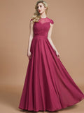 A-Line/Princess Scoop Short Sleeves Chiffon Floor-Length Bridesmaid Dresses Evening Prom Dress