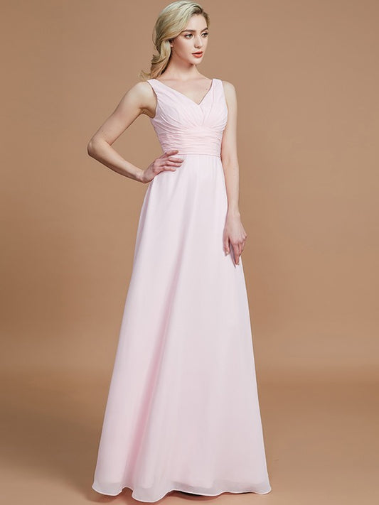 A-Line/Princess Sleeveless Floor-Length Chiffon V-neck Bridesmaid Dresses Evening Prom Dress
