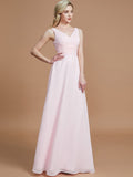 A-Line/Princess Sleeveless Floor-Length Chiffon V-neck Bridesmaid Dresses Evening Prom Dress