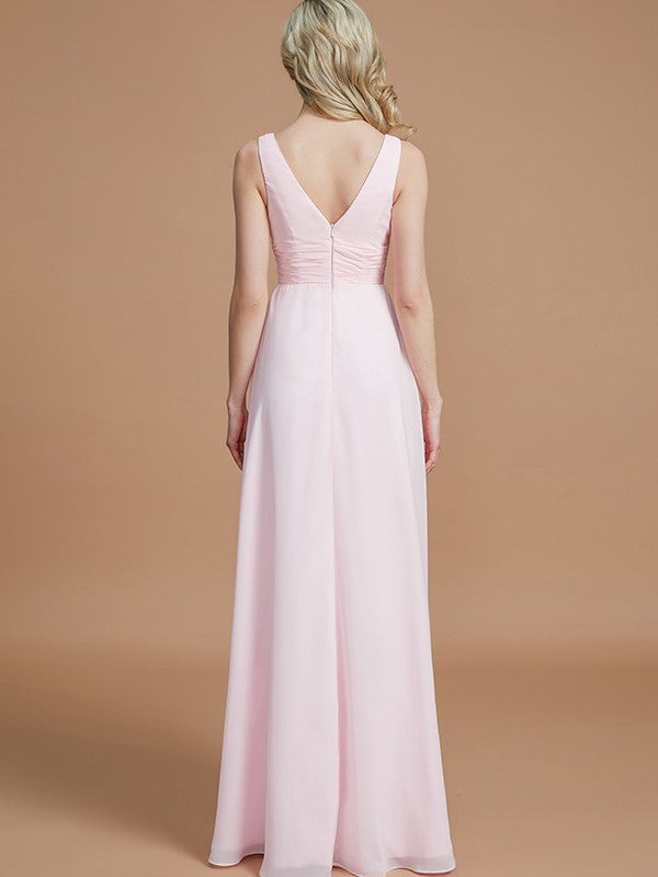 A-Line/Princess Sleeveless Floor-Length Chiffon V-neck Bridesmaid Dresses Evening Prom Dress