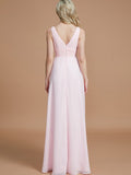 A-Line/Princess Sleeveless Floor-Length Chiffon V-neck Bridesmaid Dresses Evening Prom Dress
