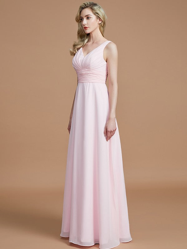 A-Line/Princess Sleeveless Floor-Length Chiffon V-neck Bridesmaid Dresses Evening Prom Dress