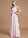 A-Line/Princess Sleeveless Floor-Length Chiffon V-neck Bridesmaid Dresses Evening Prom Dress