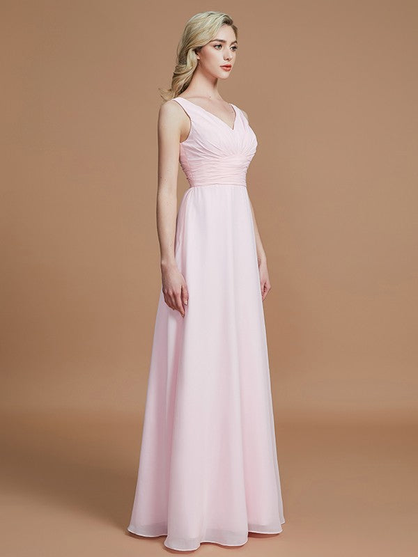 A-Line/Princess Sleeveless Floor-Length Chiffon V-neck Bridesmaid Dresses Evening Prom Dress