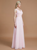 A-Line/Princess Sleeveless Floor-Length Chiffon V-neck Bridesmaid Dresses Evening Prom Dress