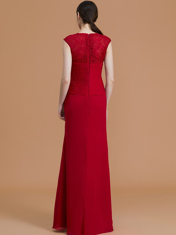 Sheath/Column Jewel Sleeveless Floor-Length Lace Chiffon Bridesmaid Dresses Evening Formal Dress