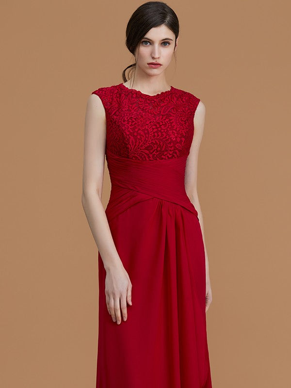 Sheath/Column Jewel Sleeveless Floor-Length Lace Chiffon Bridesmaid Dresses Evening Formal Dress