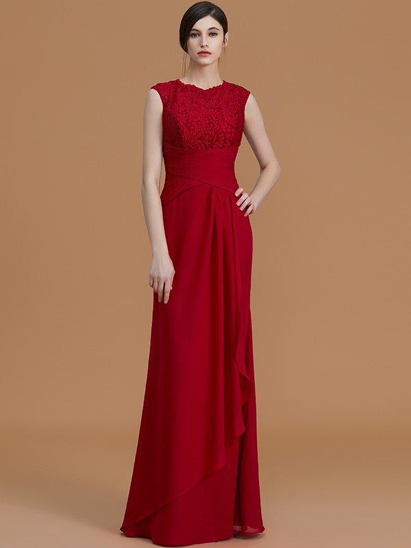 Sheath/Column Jewel Sleeveless Floor-Length Lace Chiffon Bridesmaid Dresses Evening Formal Dress