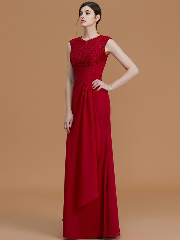 Sheath/Column Jewel Sleeveless Floor-Length Lace Chiffon Bridesmaid Dresses Evening Formal Dress
