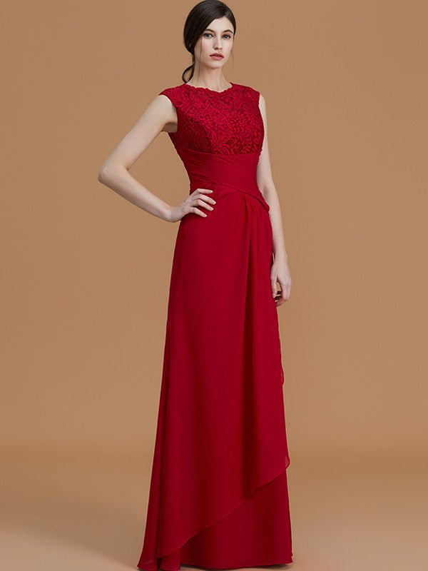 Sheath/Column Jewel Sleeveless Floor-Length Lace Chiffon Bridesmaid Dresses Evening Formal Dress