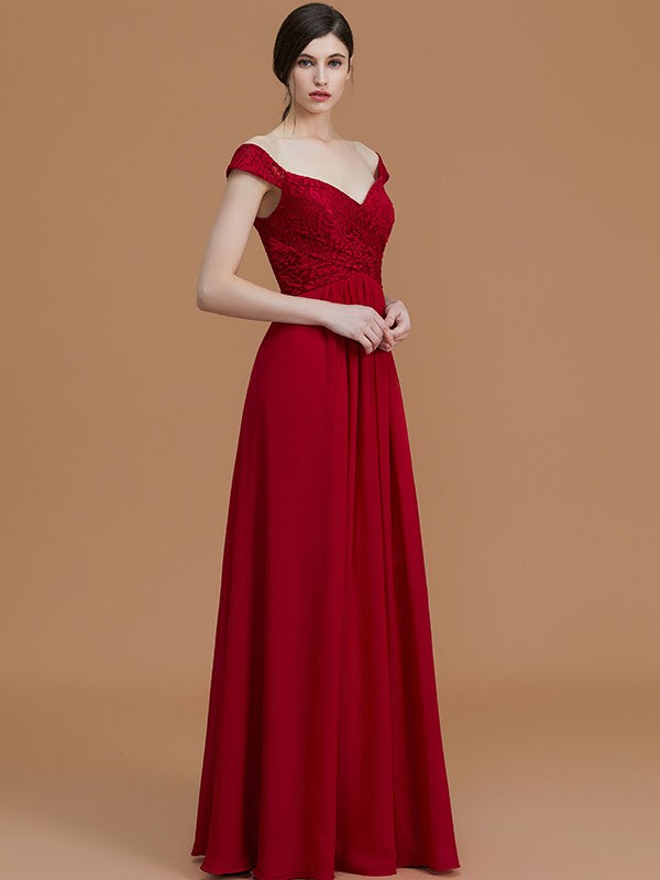 A-Line/Princess V-neck Sleeveless Floor-Length Lace Chiffon Bridesmaid Dresses Evening Dress