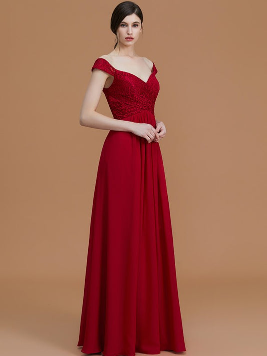 A-Line/Princess V-neck Sleeveless Floor-Length Lace Chiffon Bridesmaid Dresses Evening Dress