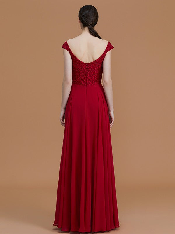 A-Line/Princess V-neck Sleeveless Floor-Length Lace Chiffon Bridesmaid Dresses Evening Dress