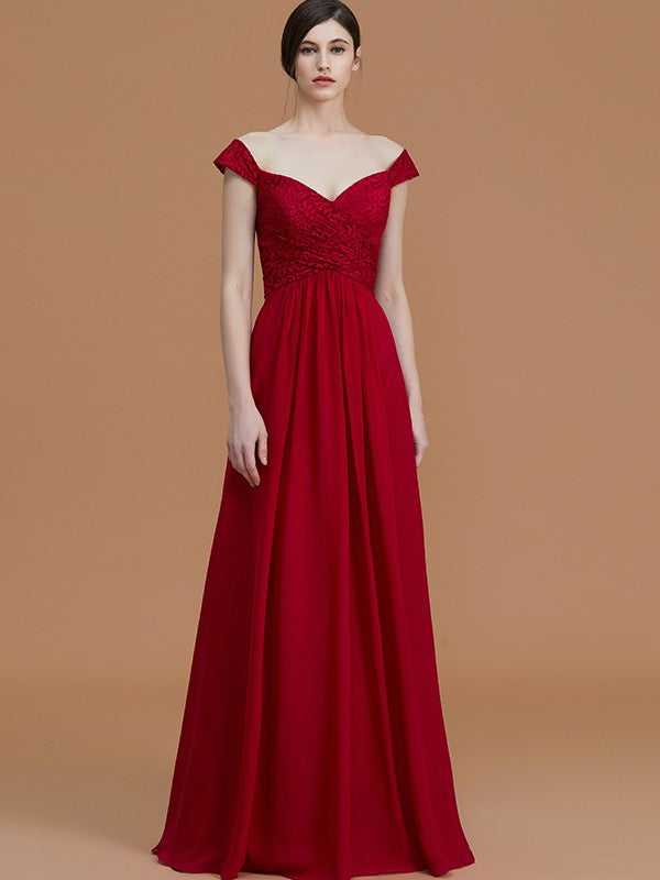 A-Line/Princess V-neck Sleeveless Floor-Length Lace Chiffon Bridesmaid Dresses Evening Dress