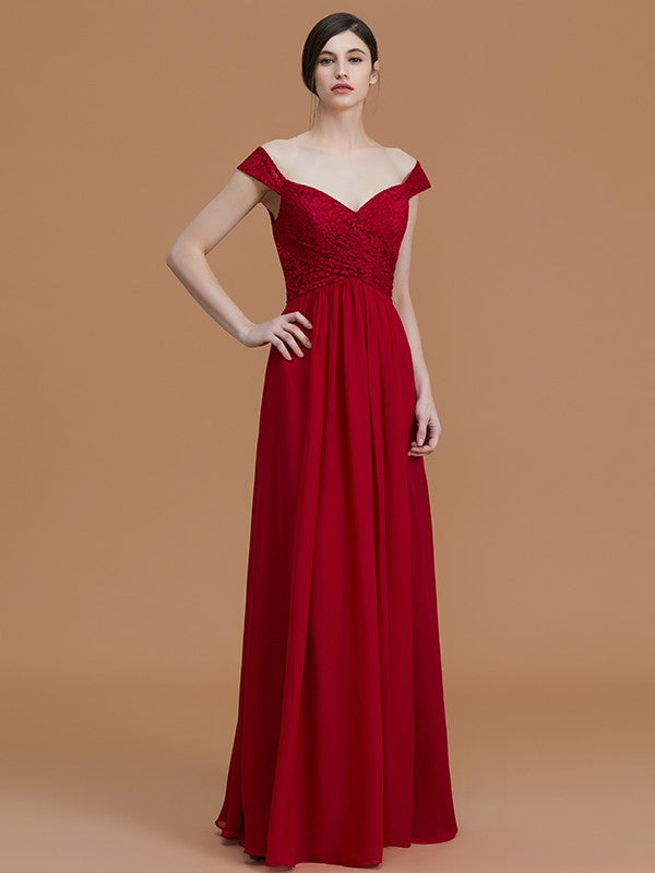 A-Line/Princess V-neck Sleeveless Floor-Length Lace Chiffon Bridesmaid Dresses Evening Dress