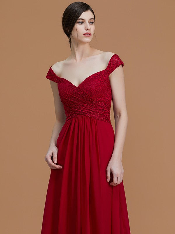 A-Line/Princess V-neck Sleeveless Floor-Length Lace Chiffon Bridesmaid Dresses Evening Dress