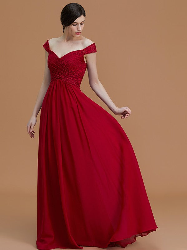 A-Line/Princess V-neck Sleeveless Floor-Length Lace Chiffon Bridesmaid Dresses Evening Dress