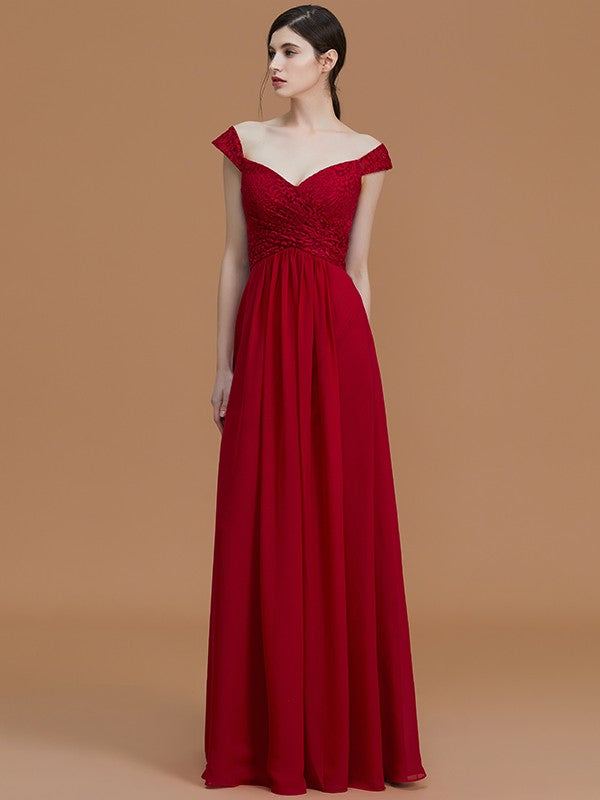A-Line/Princess V-neck Sleeveless Floor-Length Lace Chiffon Bridesmaid Dresses Evening Dress