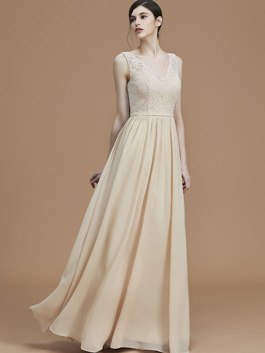 A-Line/Princess V-neck Sleeveless Floor-Length Ruffles Chiffon Bridesmaid Dresses Evening Prom Dress