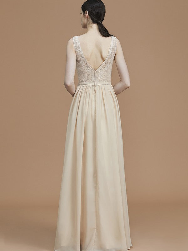 A-Line/Princess V-neck Sleeveless Floor-Length Ruffles Chiffon Bridesmaid Dresses Evening Prom Dress