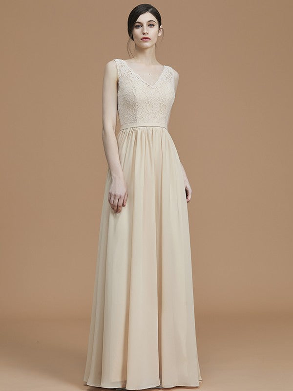 A-Line/Princess V-neck Sleeveless Floor-Length Ruffles Chiffon Bridesmaid Dresses Evening Prom Dress