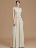 A-Line/Princess V-neck Sleeveless Floor-Length Ruffles Chiffon Bridesmaid Dresses Evening Prom Dress