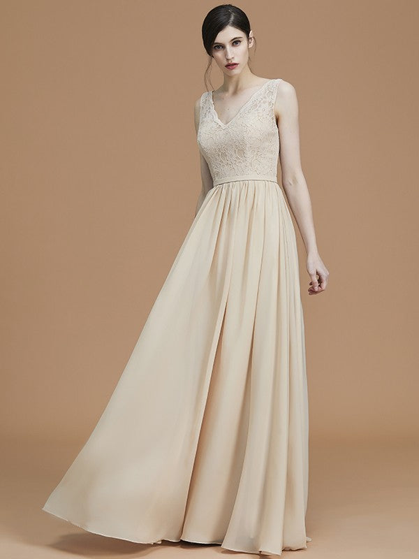 A-Line/Princess V-neck Sleeveless Floor-Length Ruffles Chiffon Bridesmaid Dresses Evening Prom Dress