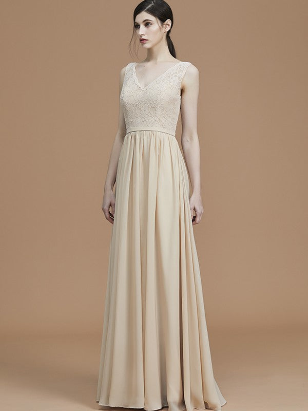 A-Line/Princess V-neck Sleeveless Floor-Length Ruffles Chiffon Bridesmaid Dresses Evening Prom Dress